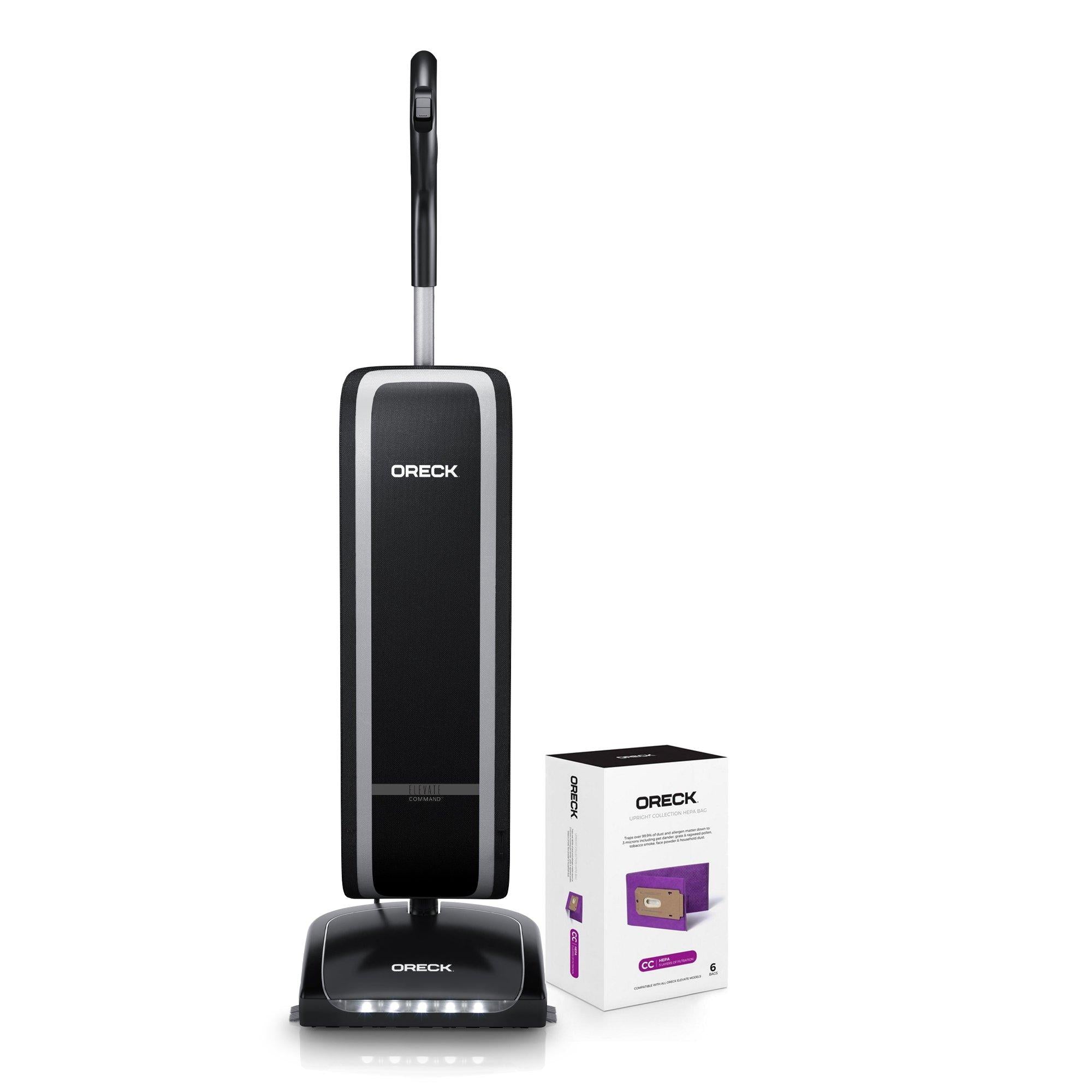 Oreck Elevate Command Vacuum with replacement bags showcased in front of a white background